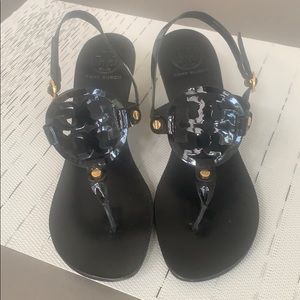Tory Burch - Black Leather Thong Wedges w/ Logo.